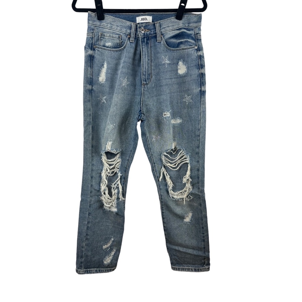Star Studded Rhinestones Just Black Denim JBD Distressed Blue Jeans, Size 28